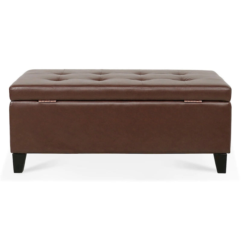 Panca pouf contenitore in similpelle marrone, gambe in legno, 1-2 posti a sedere