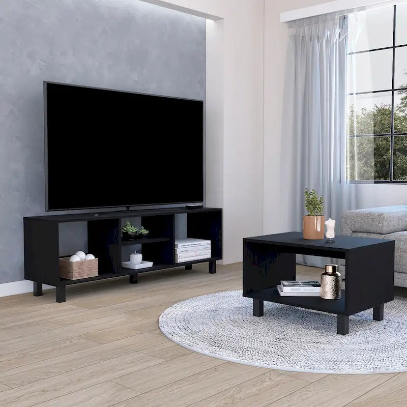 Set TV e tavolino da caffè nero moderno, 2 pezzi