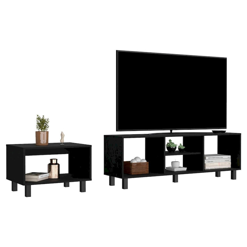 Set TV e tavolino da caffè nero moderno, 2 pezzi