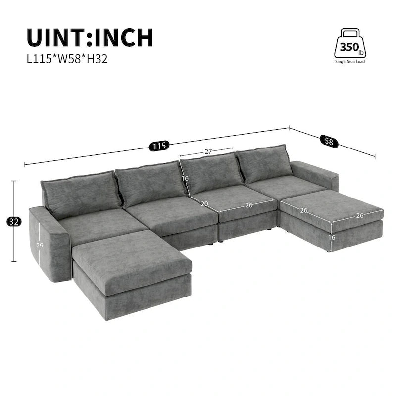 Divano Sezionale a U Reversibile Grigio con Pouf