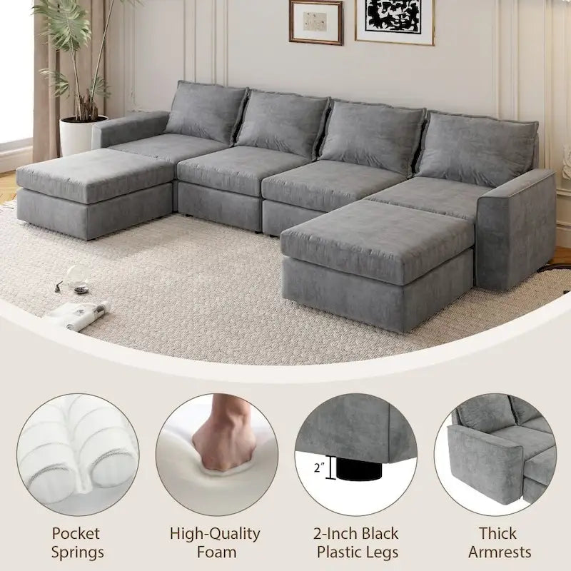 Divano Sezionale a U Reversibile Grigio con Pouf