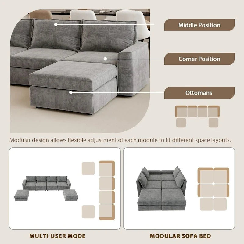 Divano Sezionale a U Reversibile Grigio con Pouf