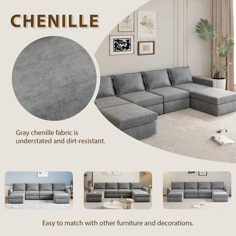 Divano Sezionale a U Reversibile Grigio con Pouf