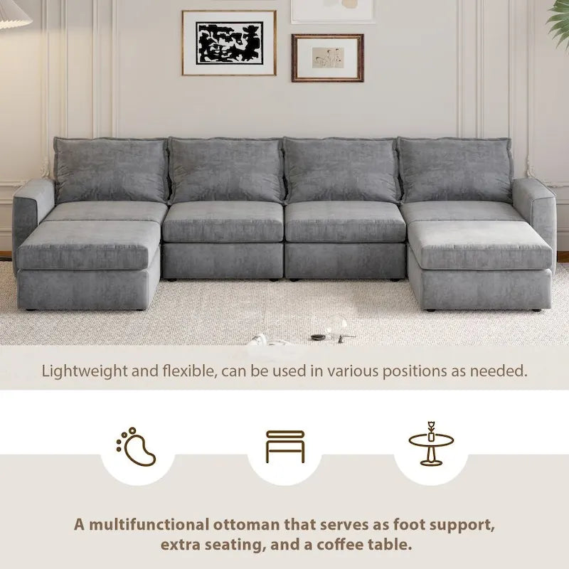 Divano Sezionale a U Reversibile Grigio con Pouf