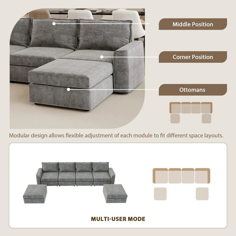 Divano Sezionale a U Reversibile Grigio con Pouf