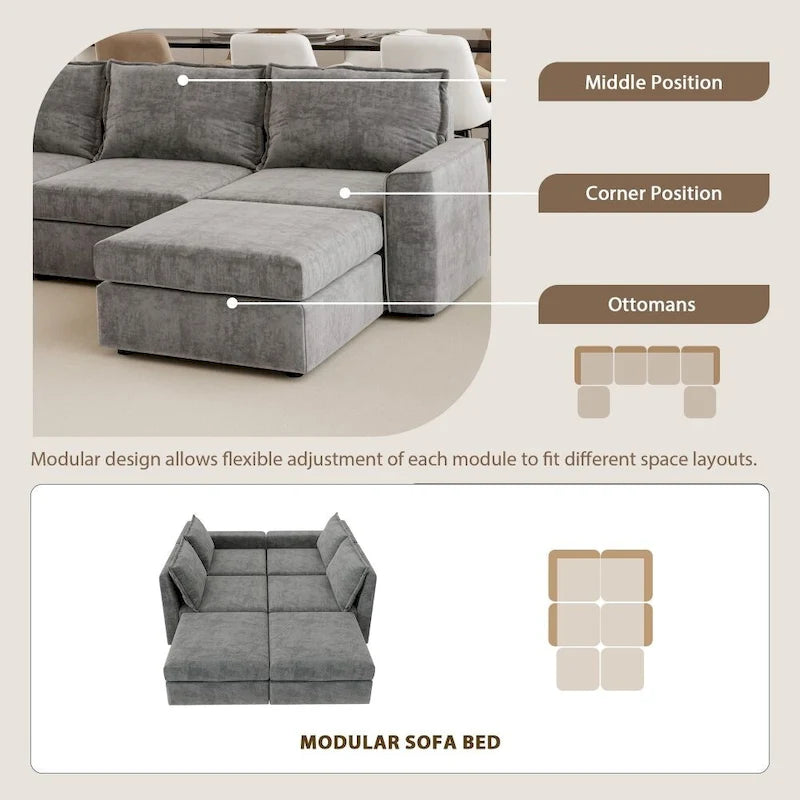 Divano Sezionale a U Reversibile Grigio con Pouf