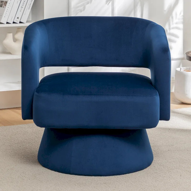 Poltrona girevole a barilotto in velluto blu/beige, seduta singola