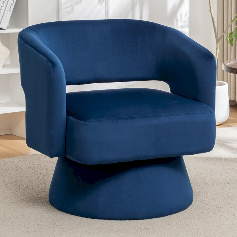 Poltrona girevole a barilotto in velluto blu/beige, seduta singola