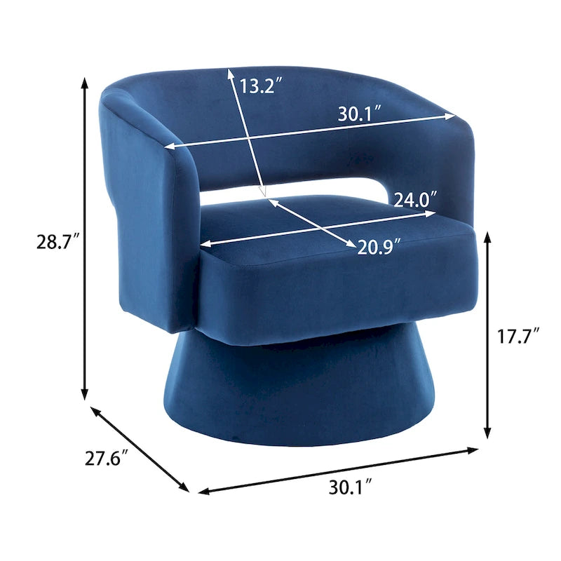Poltrona girevole a barilotto in velluto blu/beige, seduta singola