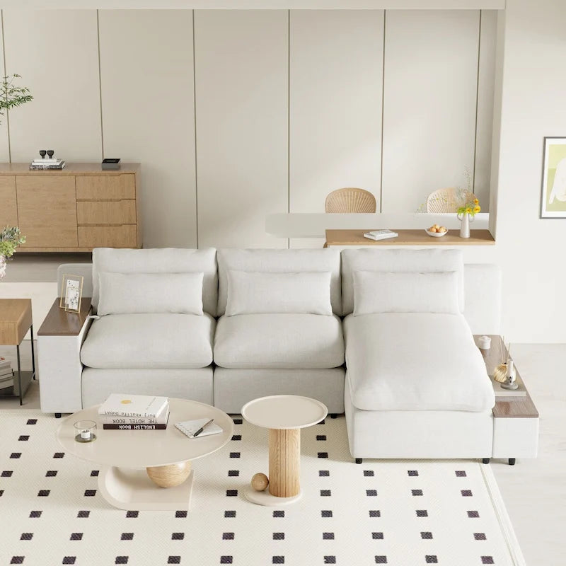 Divano Sezionale Modulare a L Beige, 3 Posti, Lato Destro