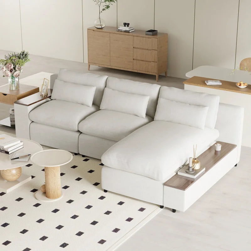 Divano Sezionale Modulare a L Beige, 3 Posti, Lato Destro