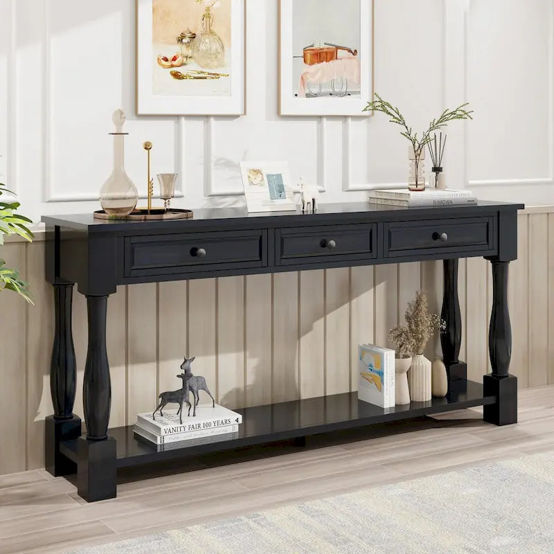 Consolle con cassetti e ripiano Espresso/Bianco Antico/Blu Scuro, Stile Vintage Francese