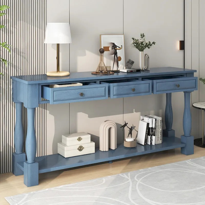 Consolle con cassetti e ripiano Espresso/Bianco Antico/Blu Scuro, Stile Vintage Francese