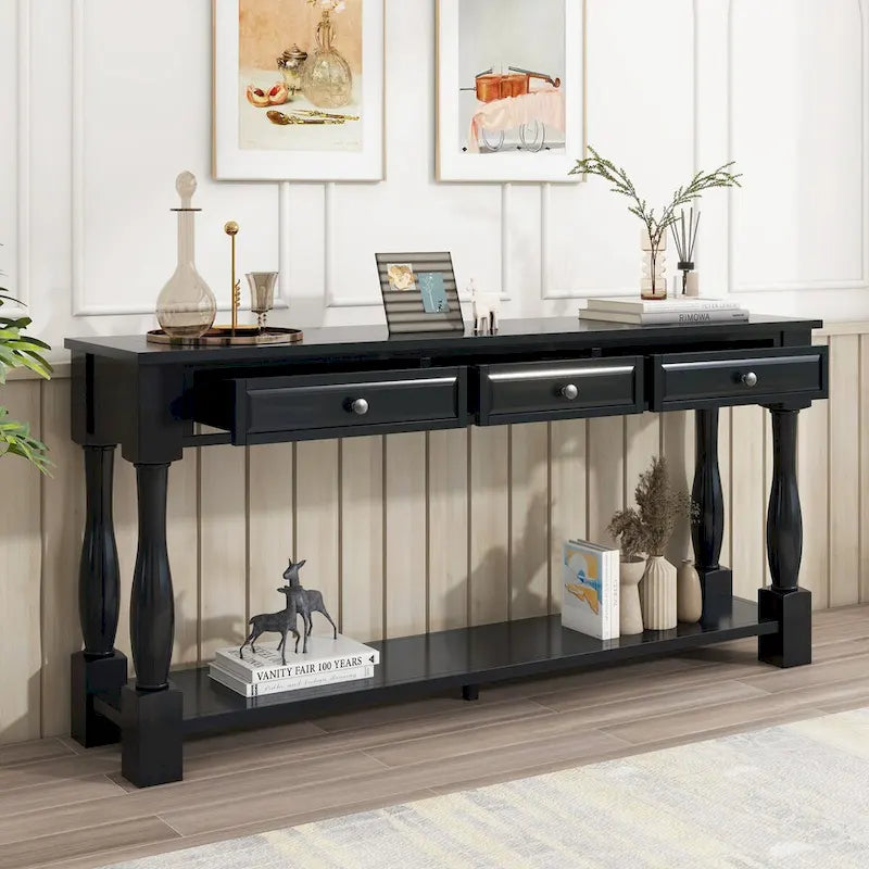 Consolle con cassetti e ripiano Espresso/Bianco Antico/Blu Scuro, Stile Vintage Francese