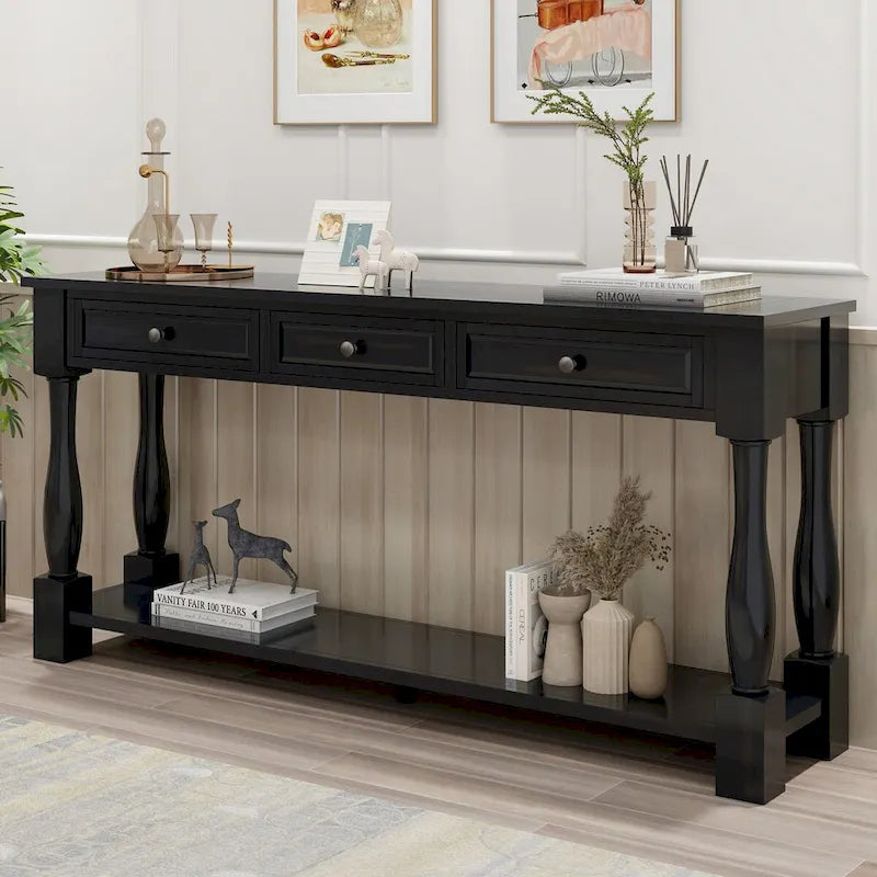 Consolle con cassetti e ripiano Espresso/Bianco Antico/Blu Scuro, Stile Vintage Francese