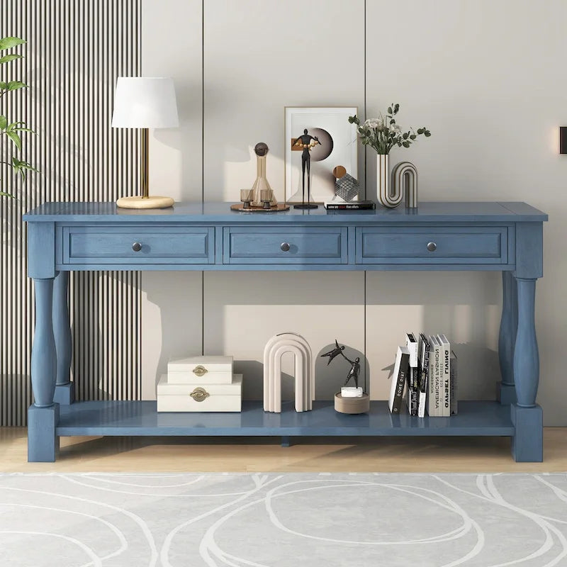 Consolle con cassetti e ripiano Espresso/Bianco Antico/Blu Scuro, Stile Vintage Francese
