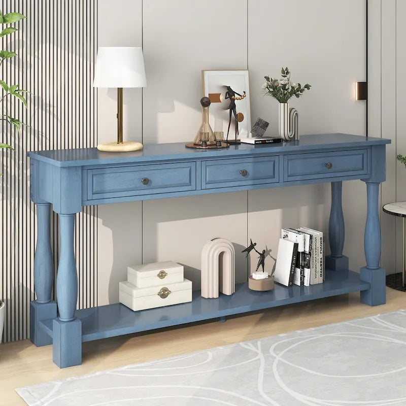 Consolle con cassetti e ripiano Espresso/Bianco Antico/Blu Scuro, Stile Vintage Francese