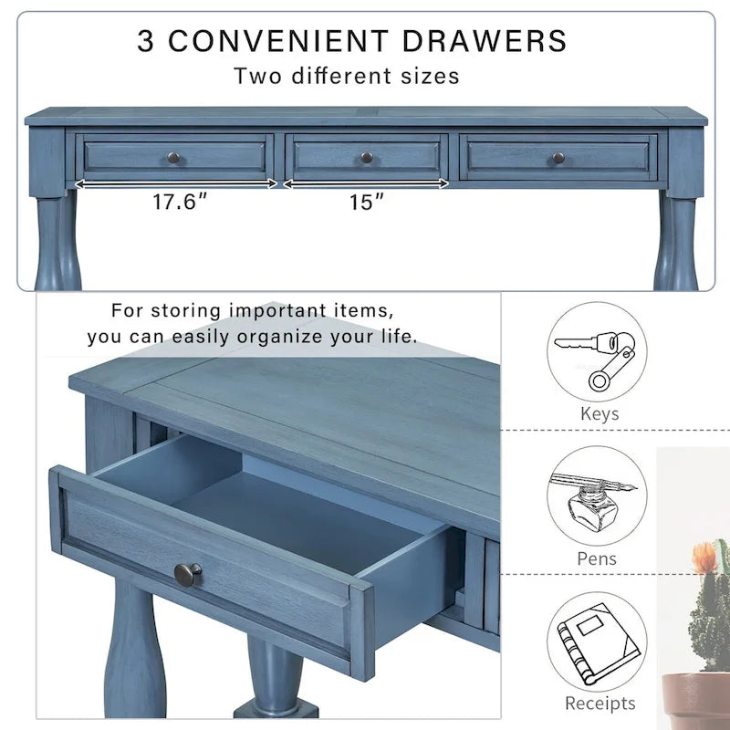 Consolle con cassetti e ripiano Espresso/Bianco Antico/Blu Scuro, Stile Vintage Francese