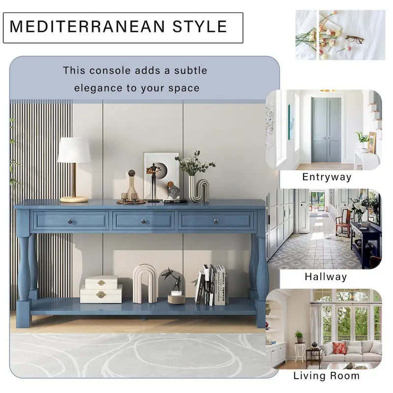 Consolle con cassetti e ripiano Espresso/Bianco Antico/Blu Scuro, Stile Vintage Francese