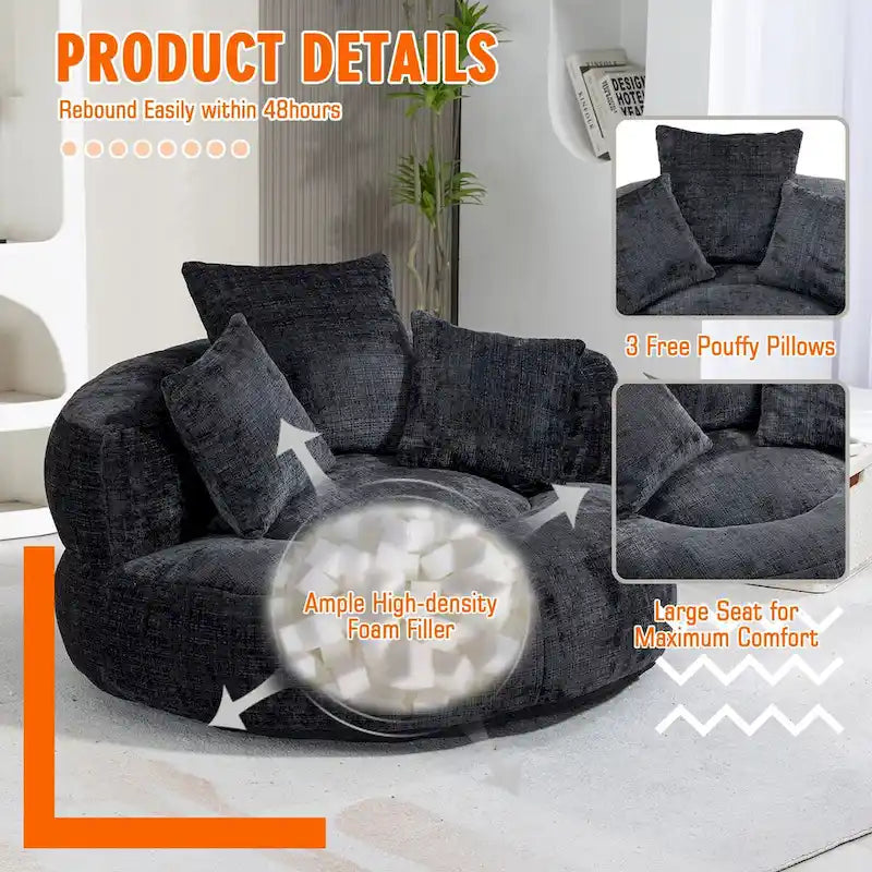 Poltrona sacco a schienale alto in ciniglia – Nero / Caffè / Beige / Smeraldo / Arancio / Grigio, 1 posto