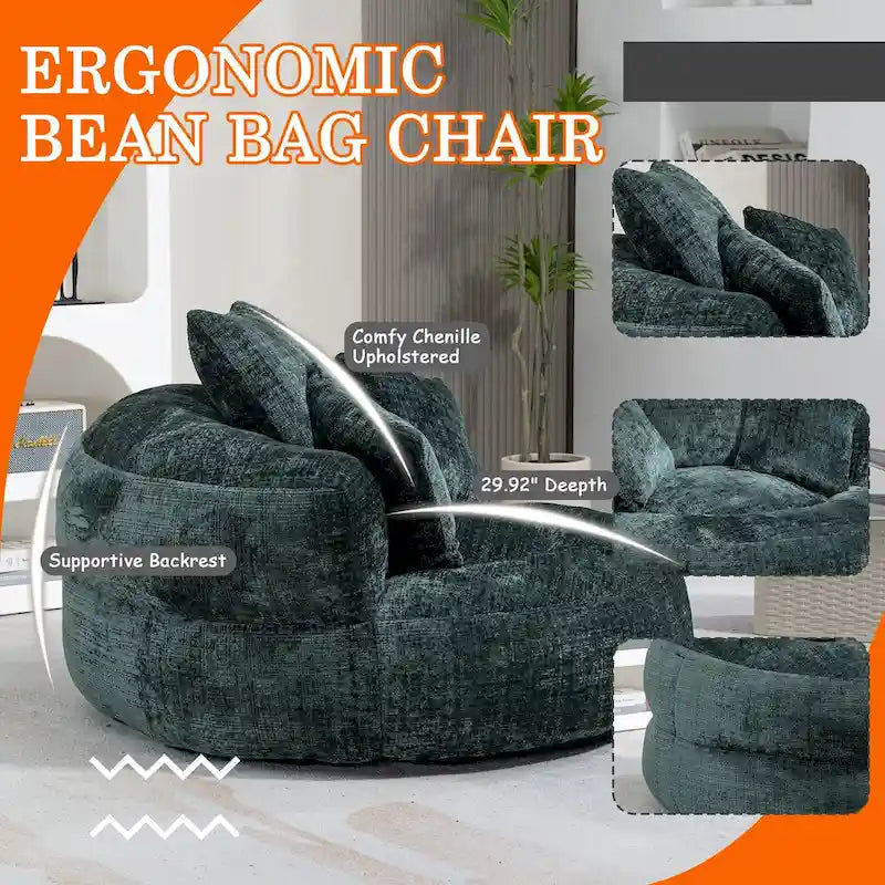Poltrona sacco a schienale alto in ciniglia – Nero / Caffè / Beige / Smeraldo / Arancio / Grigio, 1 posto