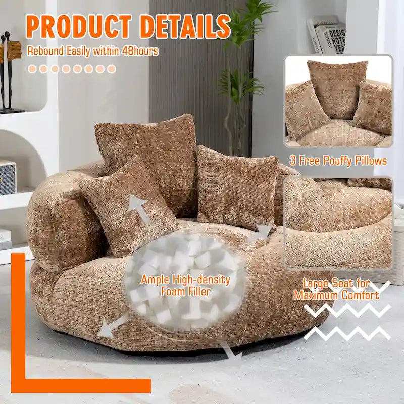 Poltrona sacco a schienale alto in ciniglia – Nero / Caffè / Beige / Smeraldo / Arancio / Grigio, 1 posto
