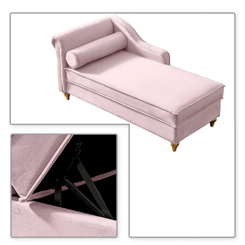 Chaise longue elegante francese rivestita in velluto con contenitore e cuscino