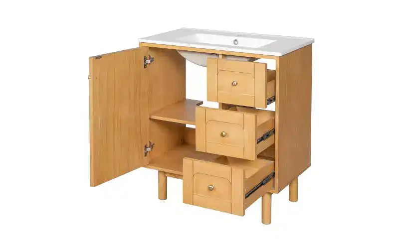 JVNOXK 76 cm rustikaler moderner Waschtischunterschrank aus Keramik mit 3 Schubladen und 1 großen Soft-Close-Tür, Aufbewahrungsschrank, natürliche Holzmaserung