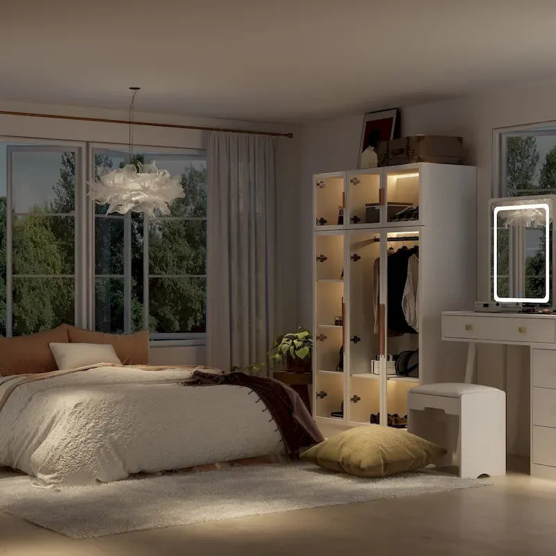 Armadio guardaroba largo 47.2 con luce LED, ante completamente in vetro e vani contenitori