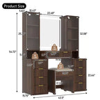 JVNOXK 43.5-inch Modern Vanity Set with Mirror and Light, Featuring Drawers and Clear Glass Cabinet, Includes Stool and Charging Station, Brown