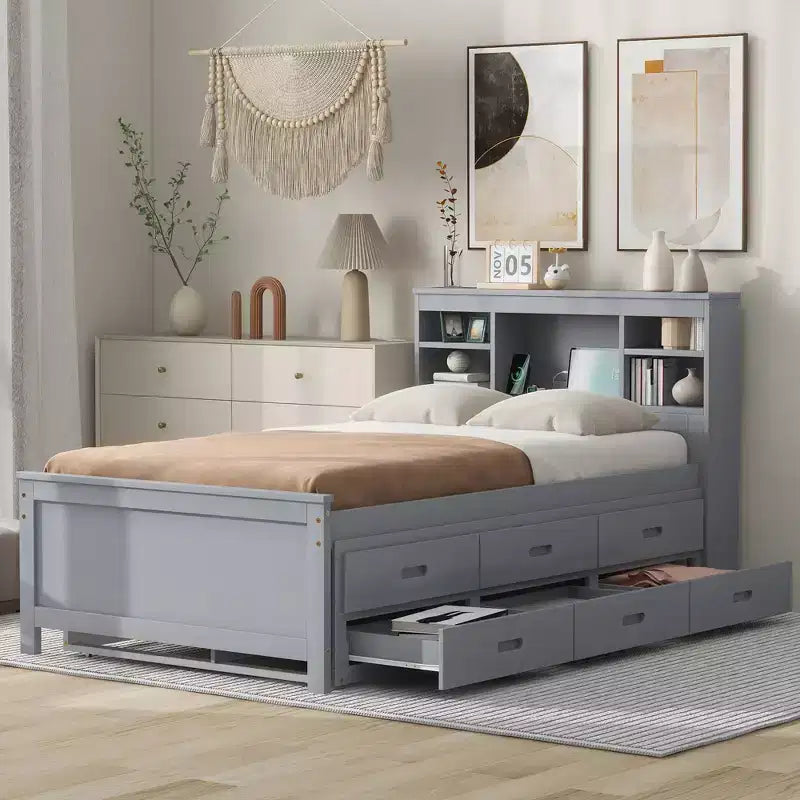 Podestbett mit Ausziehbett und Schubladen, Stauraum-Podestbett mit USB-Anschluss, Holz-Podestbett mit Bücherregal