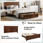 ModernLuxe Queen/King Size Platform Bed with Tall Headboard, Rustic Wood Bed Frame with 2 Drawers, LED Lights & USB Ports