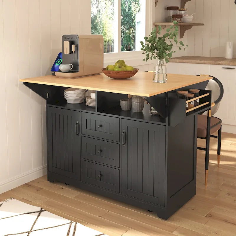 Isola Carrello da Cucina con 2 Ribalte, Nero/Bianco, Posti a Sedere 4–6