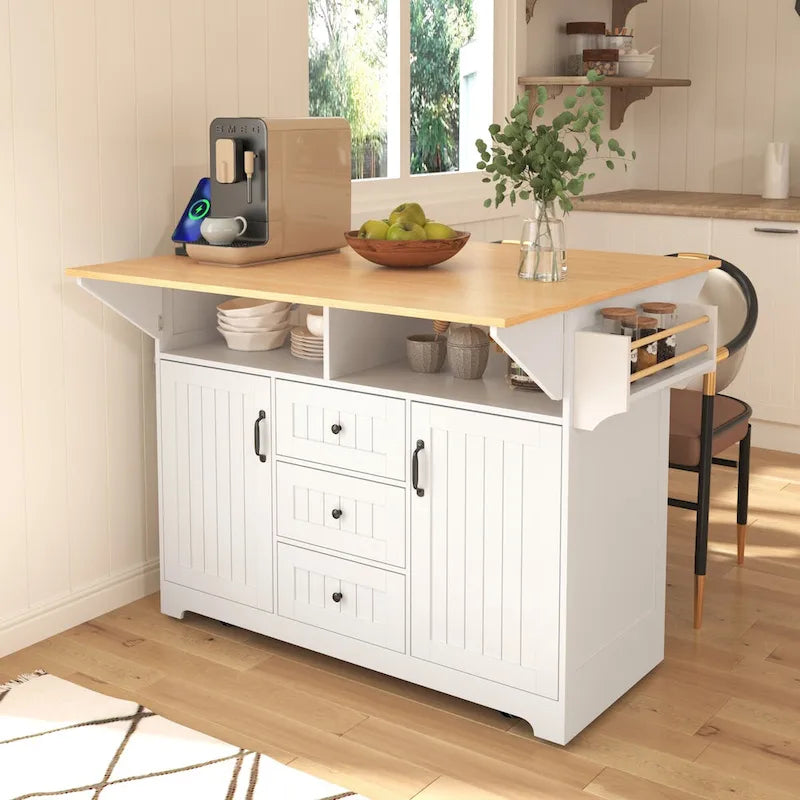 55.7Kitchen Island,2 Drop Leaf,Rolling Kitchen Cart on 5 Wheels,Power Outlet,Folding Dining Table,Spice & Towel Rack,3 Drawers