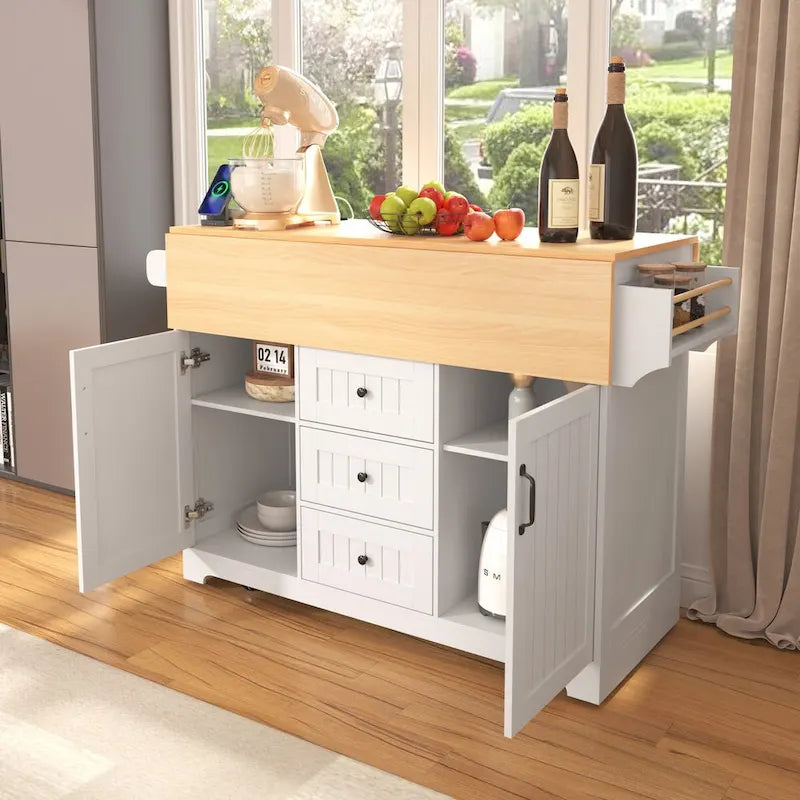 Isola Carrello da Cucina con 2 Ribalte, Nero/Bianco, Posti a Sedere 4–6