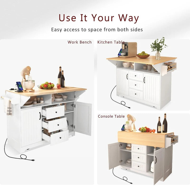 Isola Carrello da Cucina con 2 Ribalte, Nero/Bianco, Posti a Sedere 4–6