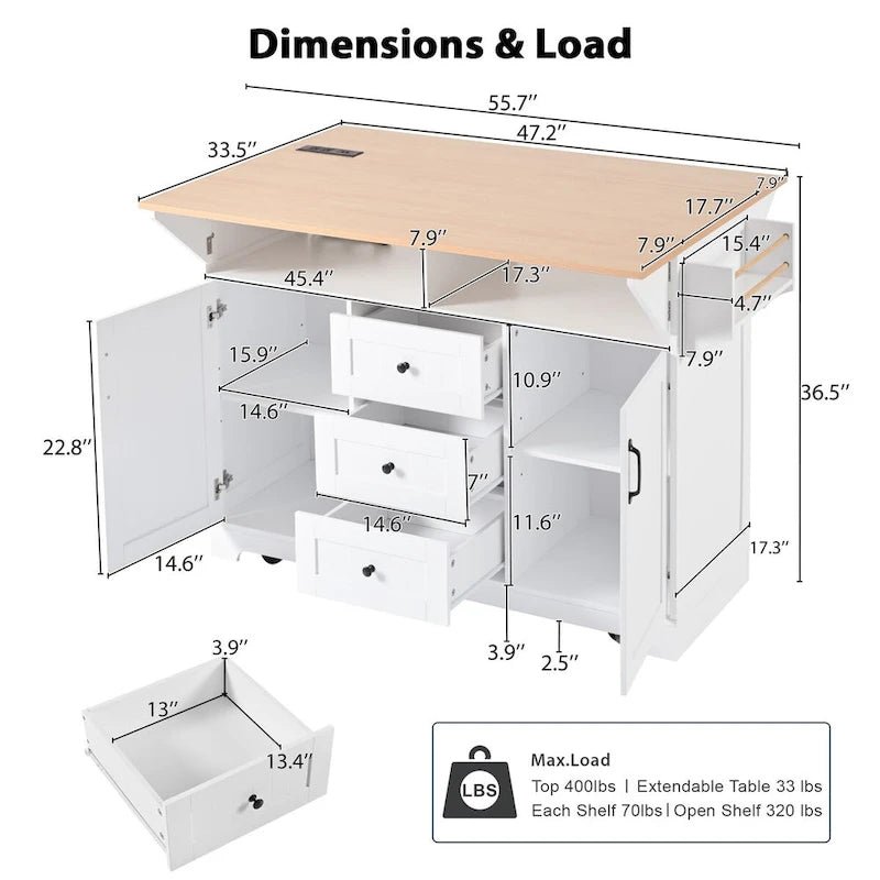 Isola Carrello da Cucina con 2 Ribalte, Nero/Bianco, Posti a Sedere 4–6