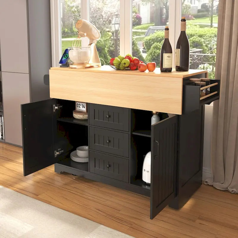 Isola Carrello da Cucina con 2 Ribalte, Nero/Bianco, Posti a Sedere 4–6