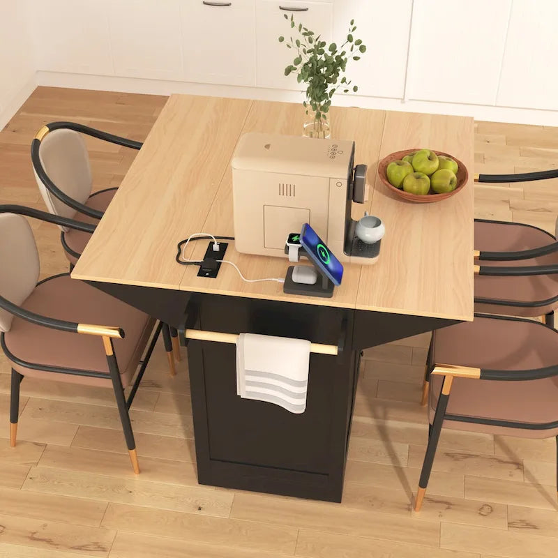 Isola Carrello da Cucina con 2 Ribalte, Nero/Bianco, Posti a Sedere 4–6