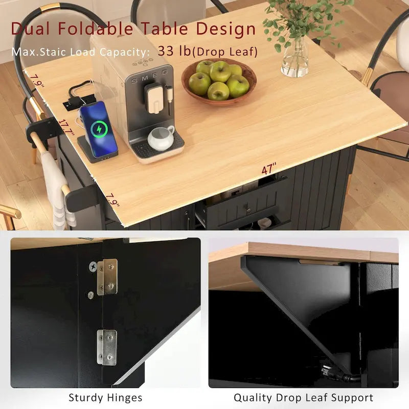 Isola Carrello da Cucina con 2 Ribalte, Nero/Bianco, Posti a Sedere 4–6