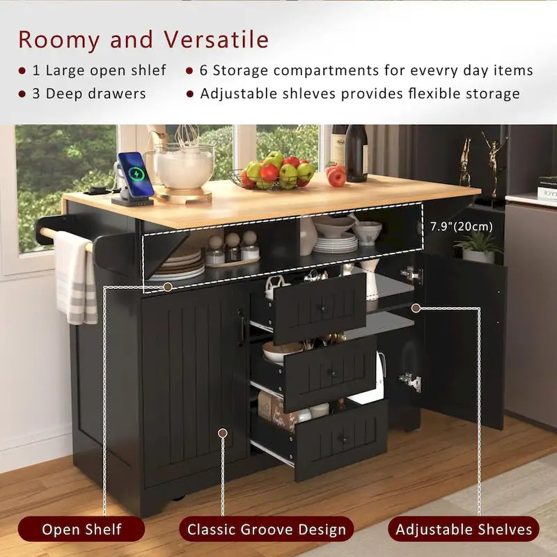 Isola Carrello da Cucina con 2 Ribalte, Nero/Bianco, Posti a Sedere 4–6