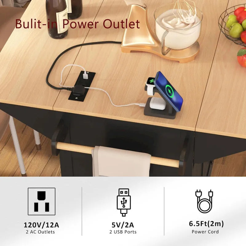 Isola Carrello da Cucina con 2 Ribalte, Nero/Bianco, Posti a Sedere 4–6