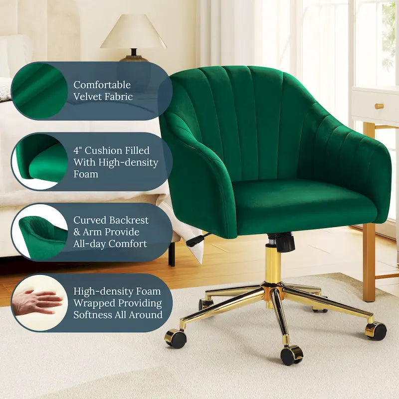 Sedia girevole trapuntata in velluto — Altezza regolabile, Singola, Grigio/Rosa/Blu Navy/Nero/Verde/Avorio/Rosso
