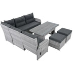 Buitenmeubelset van rotan met verstelbare tafel, relaxfauteuils en 2 voetenbankjes
