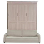 Murphy-bed in queensize met bank, houten kastbed in queensize met ledverlichting, opklapbaar wandbed voor de logeerkamer, beige