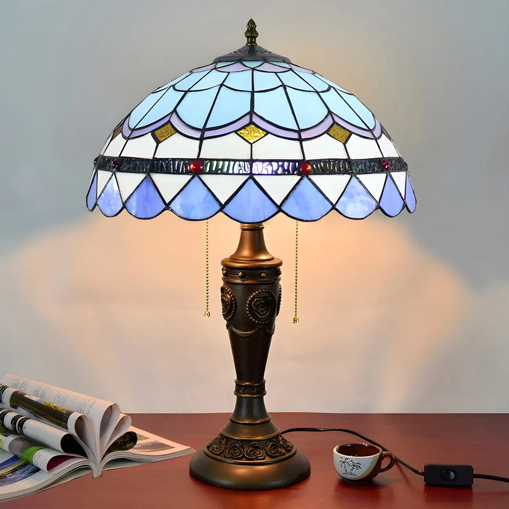 HomeyFad Vintage-Tischlampe mit 2 Leuchten, Edelstahlsockel und gläsernem Kuppelschirm