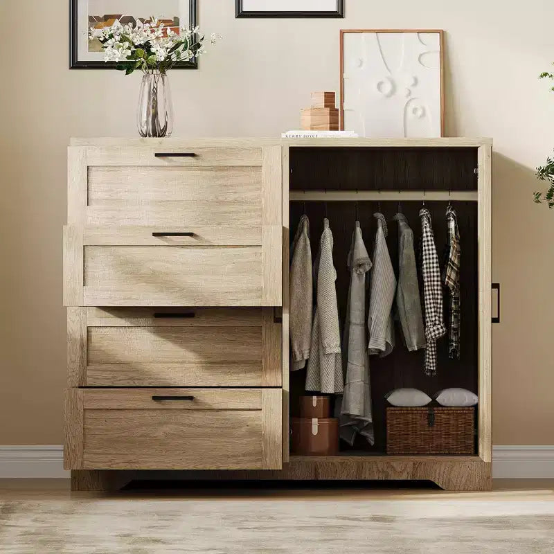 43,3 Zoll hoher Kleiderschrank aus Holz mit 4 Schubladen und Kleiderstange, multifunktionaler Aufbewahrungsschrank und Kommode für Kleidung im Schlafzimmer