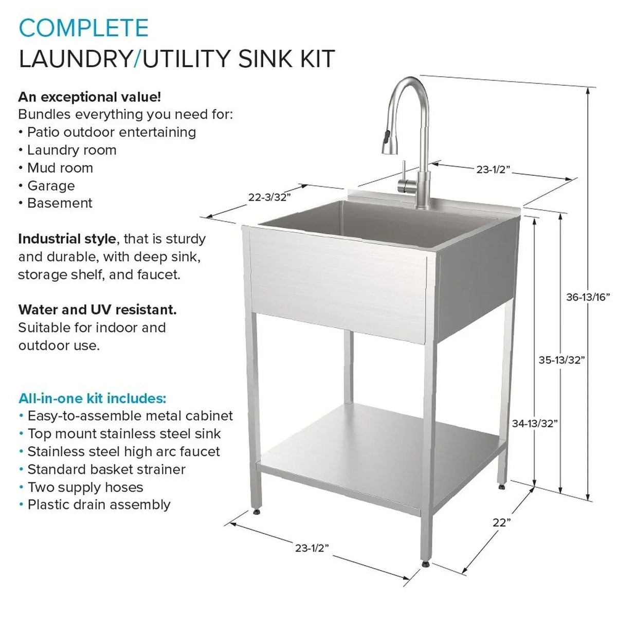 Sink tal-ħasil tal-ħwejjeġ u stand tal-ħasil tal-istainless steel, 24-in W x 22-in D x 35-in H