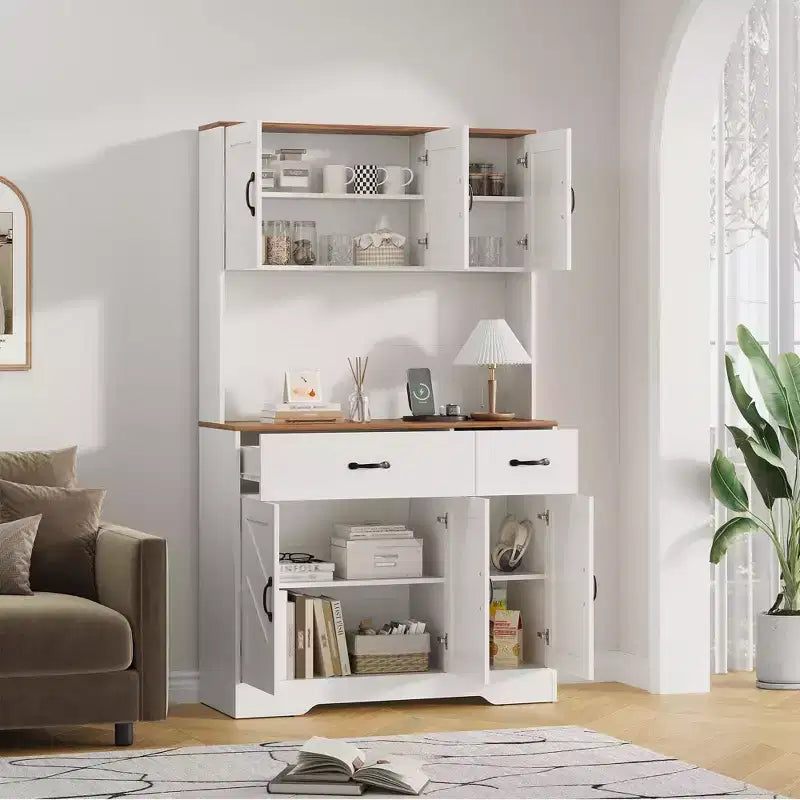 Keukenvoorraadkast van 71 inch met laadstation, groot aanrechtblad, magnetronstandaard en 2 laden, vitrinekastopbergruimte voor eetkamer en woonkamer