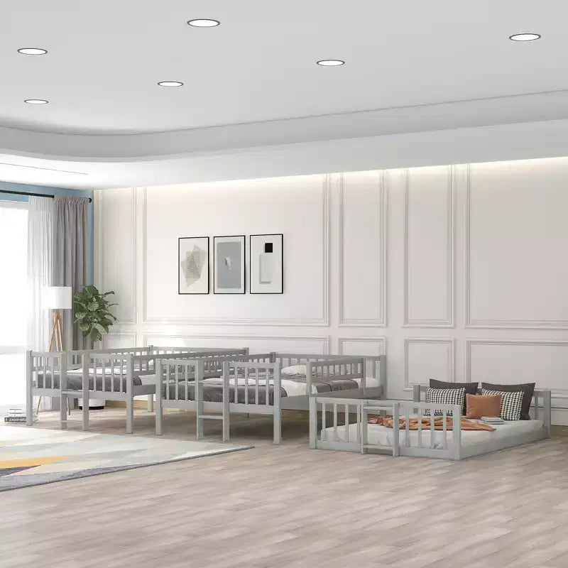 Trospratni krevet na kat Full over Full s podesivim ljestvama i toboganom, trokrevetni krevet sa zaštitnim ogradama, bijeli/sivi/espresso - ModernLuxe